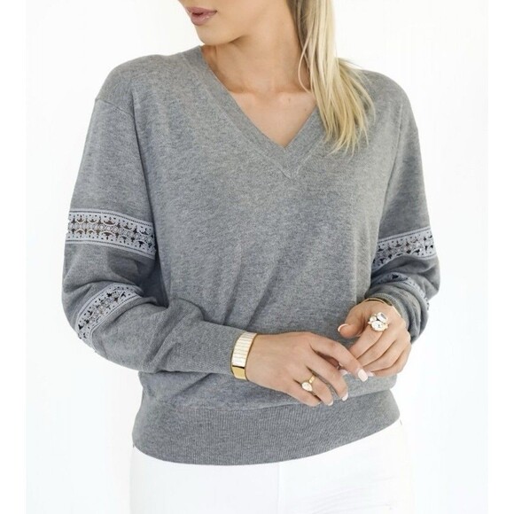 *RARE* See By Chloe Lacy Knit V-Neck‎ Dapple Gray Sweater Women's LARGE - Picture 1 of 14
